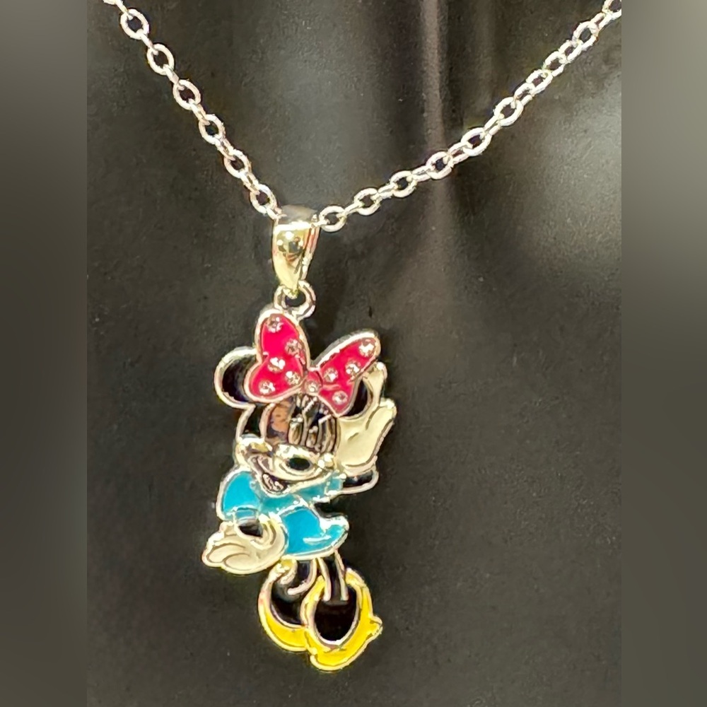 Disney Minnie Mouse Silver-Tone Enamel Pendant Necklace • Adjustable